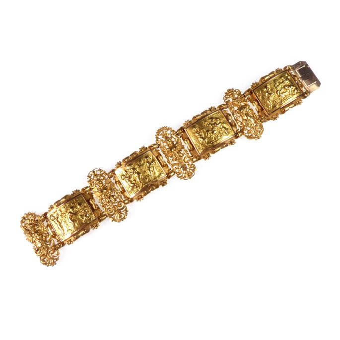 Gold embossed figural panel bracelet with putti and satyr | MasterArt